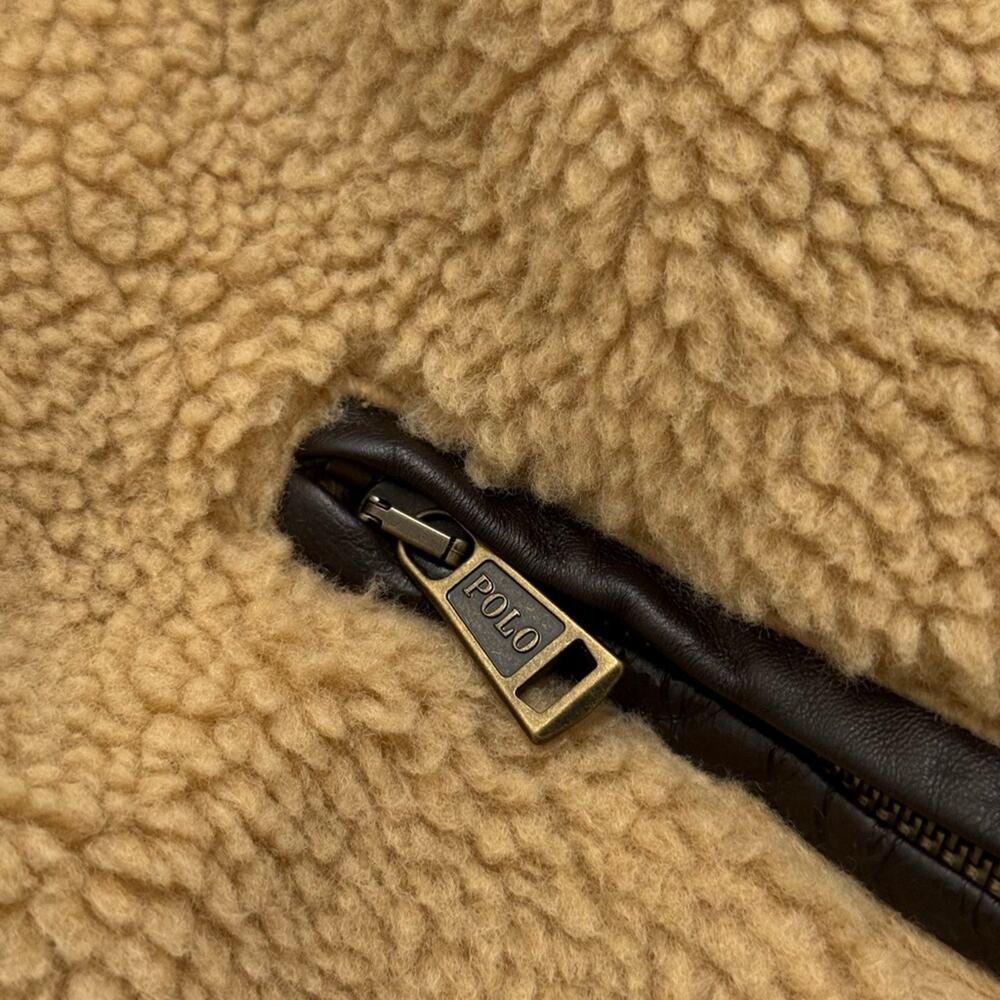 Polo Ralph Lauren Tan Sherpa moto belted Jacket cropped brown leather - Picture 7 of 10